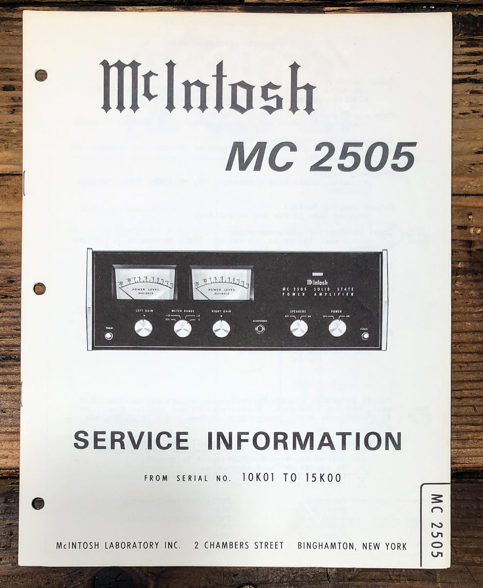 McIntosh MC-2505 MC2505 Amplifier 10K01 to 15K00 Service Manual *Original*