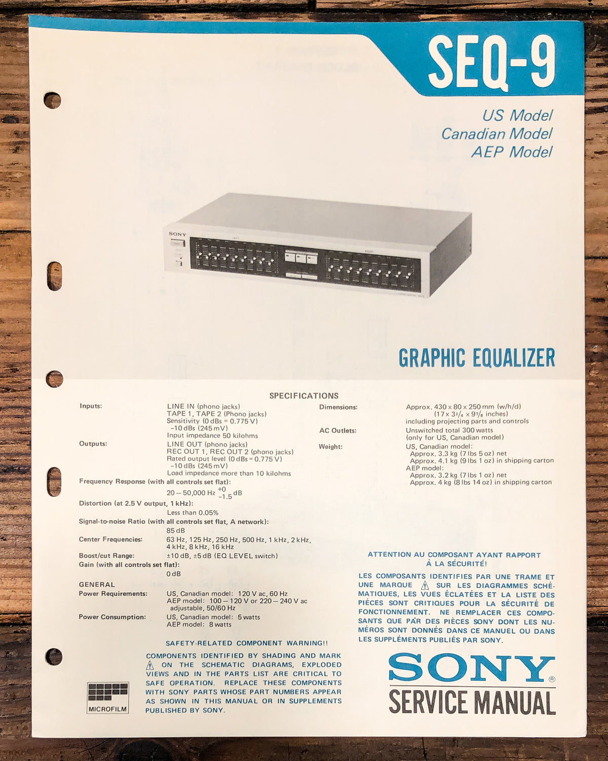 Sony SEQ-9 Equalizer Service Manual *Original*