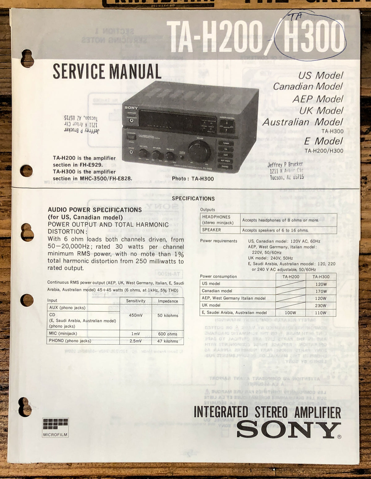 Sony TA-H200 TA-H300 Amplifier  Service Manual *Original*