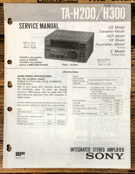 Sony TA-H200 TA-H300 Amplifier  Service Manual *Original*