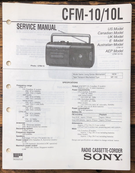 Sony CFM-10 CFM-10L Radio Cassette  Service Manual *Original*