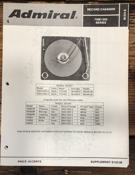 Admiral 750E 1202 Record Player / Turntable Service Manual *Original*
