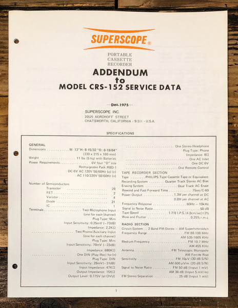 Superscope CRS-152 Stereo Add. Service Manual *Original*
