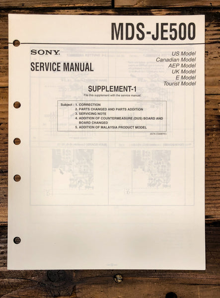 Sony MDS-JE500 MD Player Supp.Service Manual *Original*