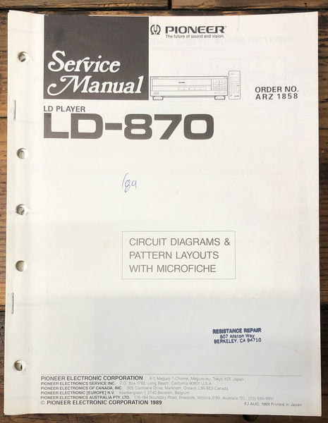 Pioneer LD-870 LD Player  Service Manual *Original*