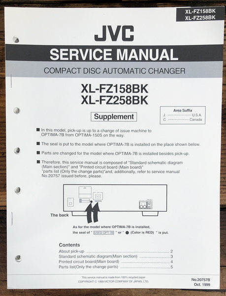 JVC XL-FZ158 XL-FX258 BK CD Player Supp. Service Manual *Original*