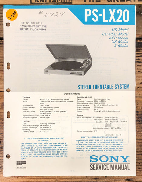 Sony PS-LX20 Record Player / Turntable  Service Manual *Original*