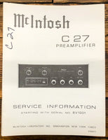 McIntosh C27 C-27 Preamp / Preamplifier  Service Manual *Original*