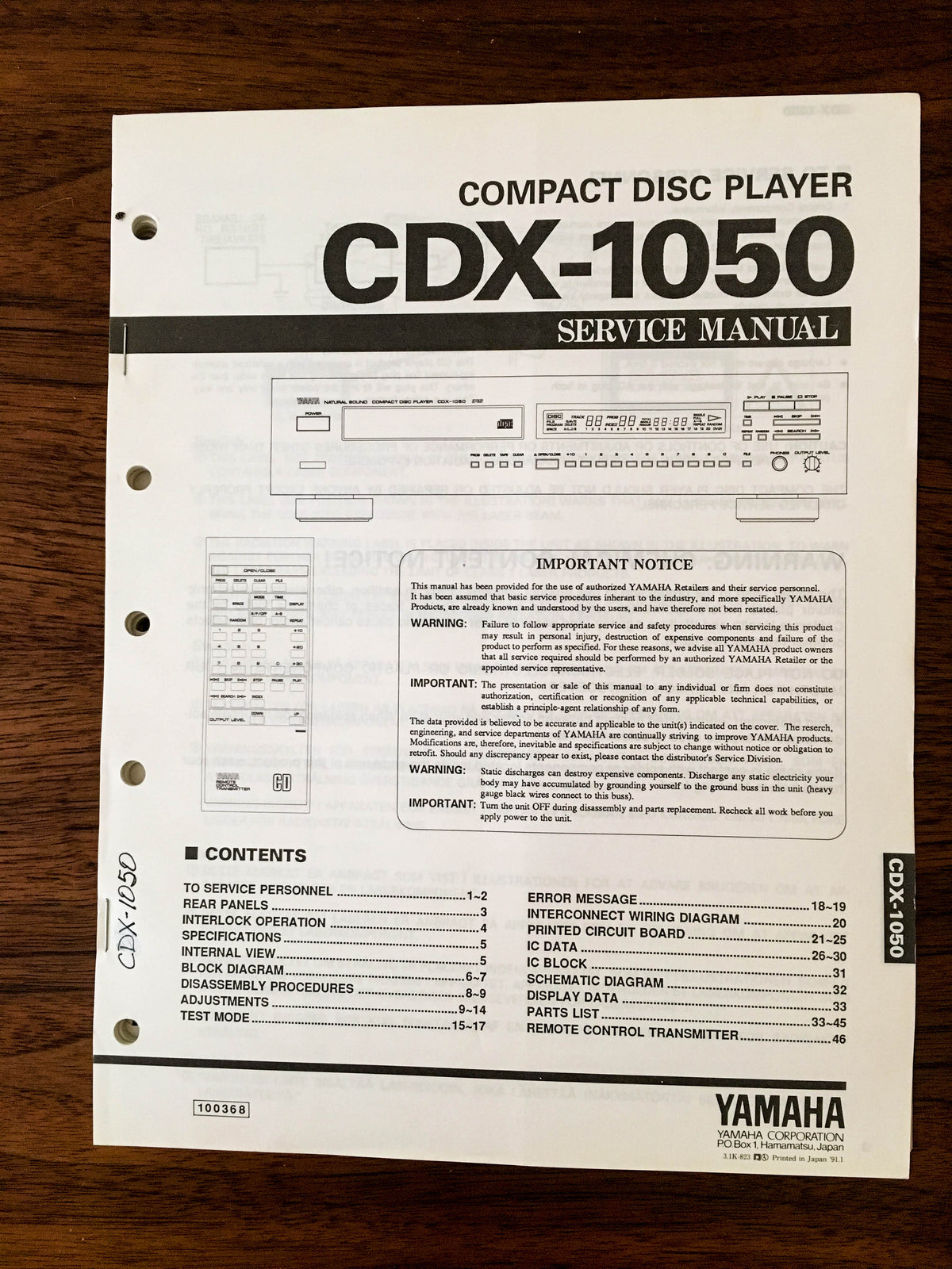 Yamaha CDX-1050 CD PLAYER Service Manual *Original*