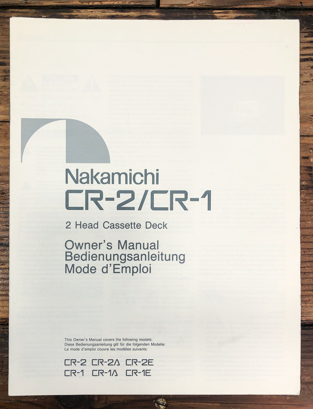 Nakamichi CR-1 CR-2 Cassette Owners / User Manual *Original*