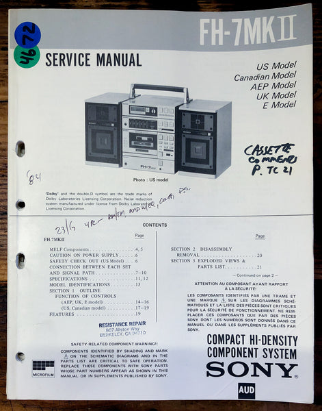 Sony FH-7 MKII MK2 Stereo  Service Manual *Original*