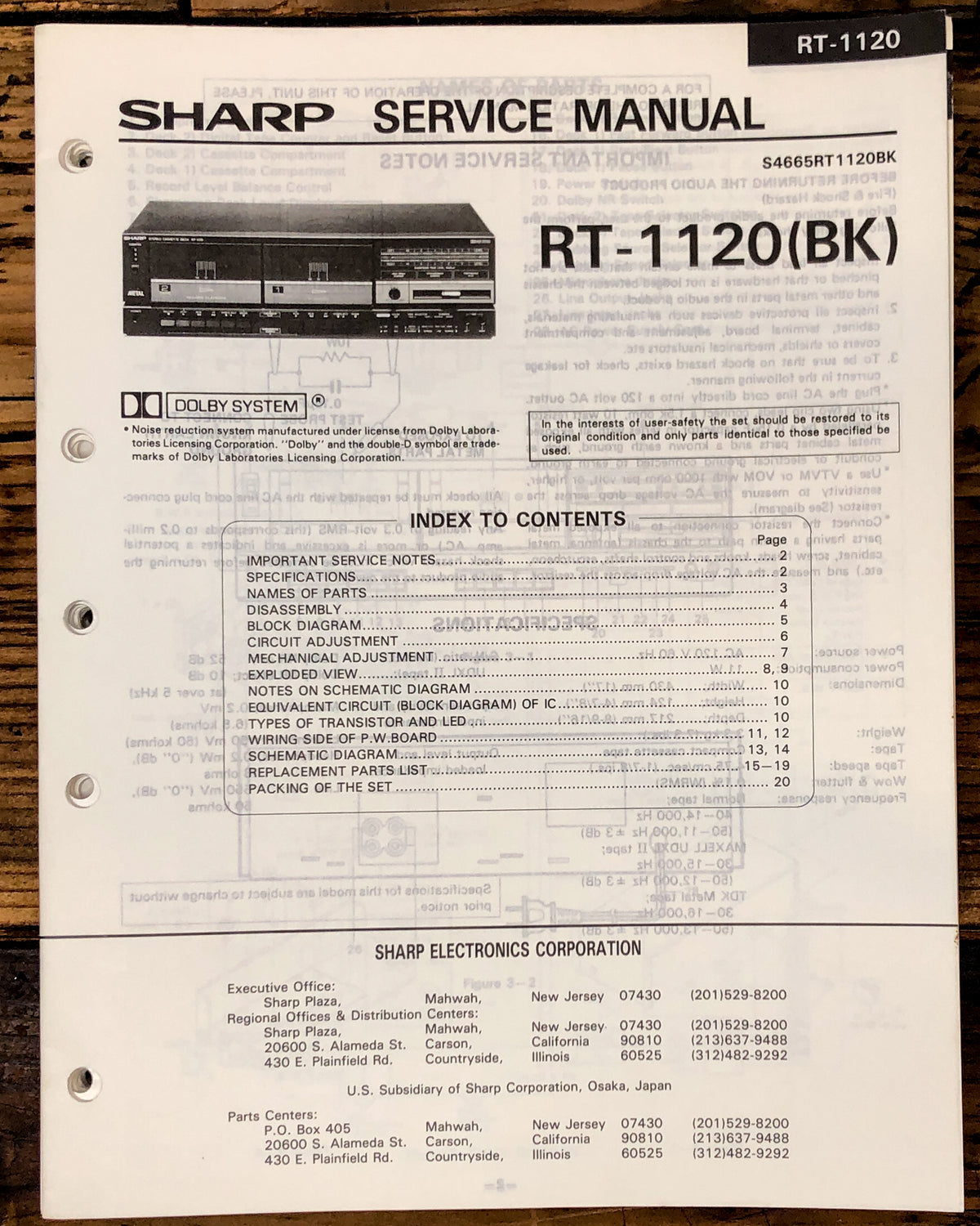 Sharp RT-1120 Cassette Service Manual *Original*
