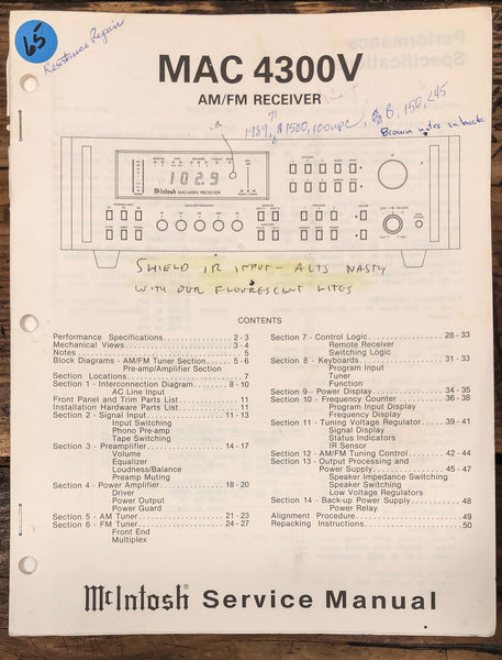 McIntosh MAC 4300V Receiver  Service Manual *Original*