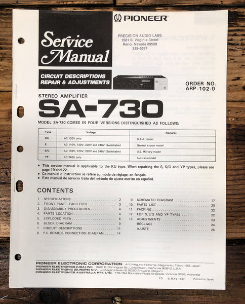 Pioneer SA-730 Amplifier Service Manual *Original*
