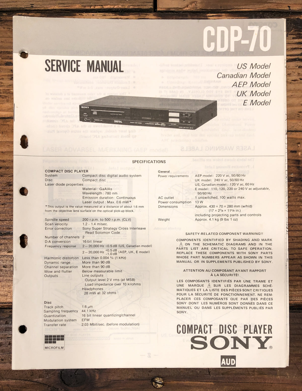 Sony CDP-70 CD Player  Service Manual *Original*