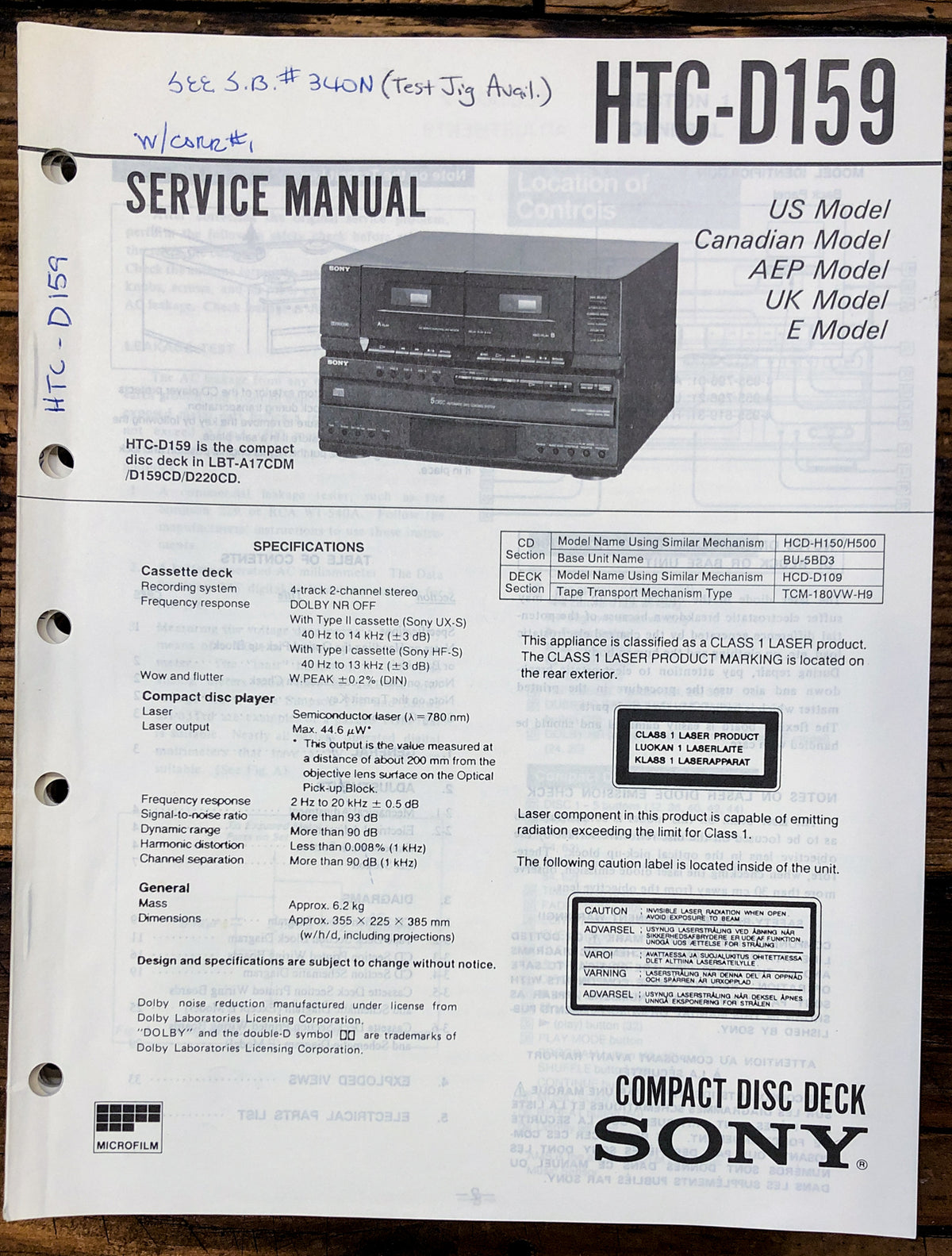 Sony HTC-D159 Stereo  Service Manual *Original*