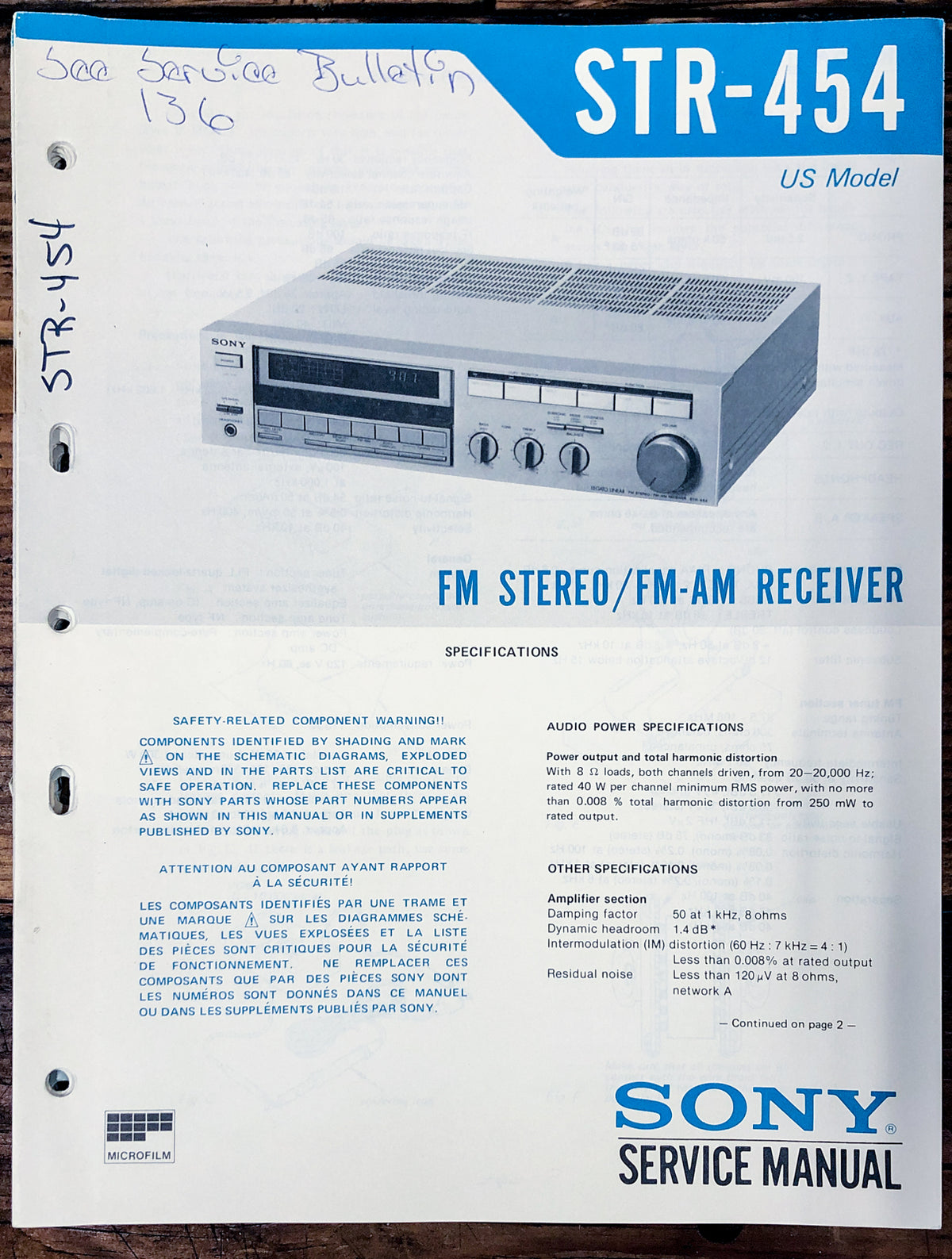 Sony STR-454 Receiver  Service Manual *Original*