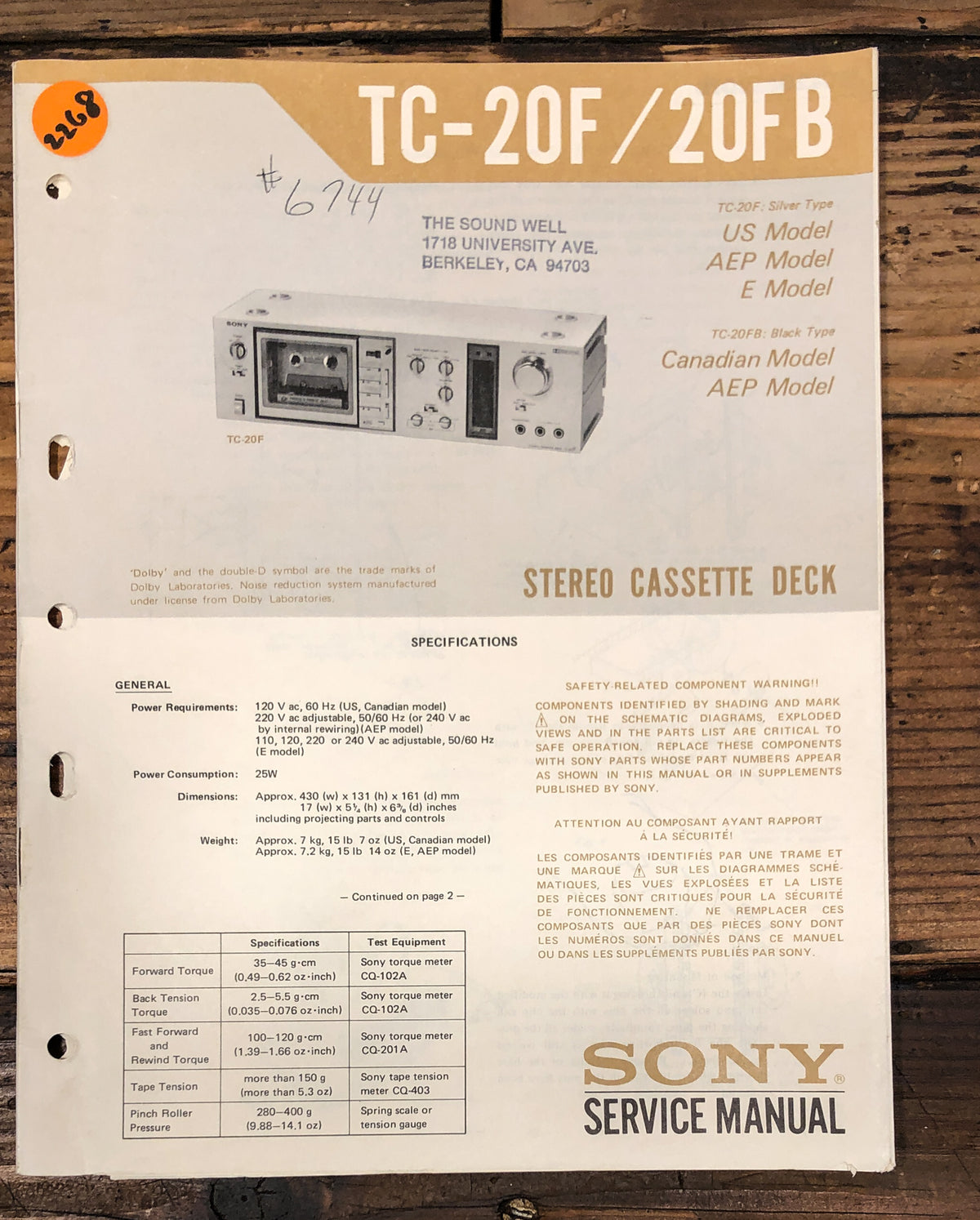 Sony TC-20F TC-20FB Cassette Service Manual *Original*