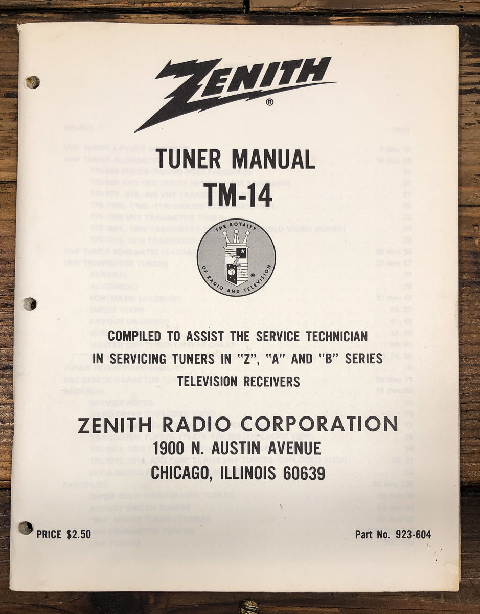 Zenith TM-14 TV Tuner Service Manual *Original*