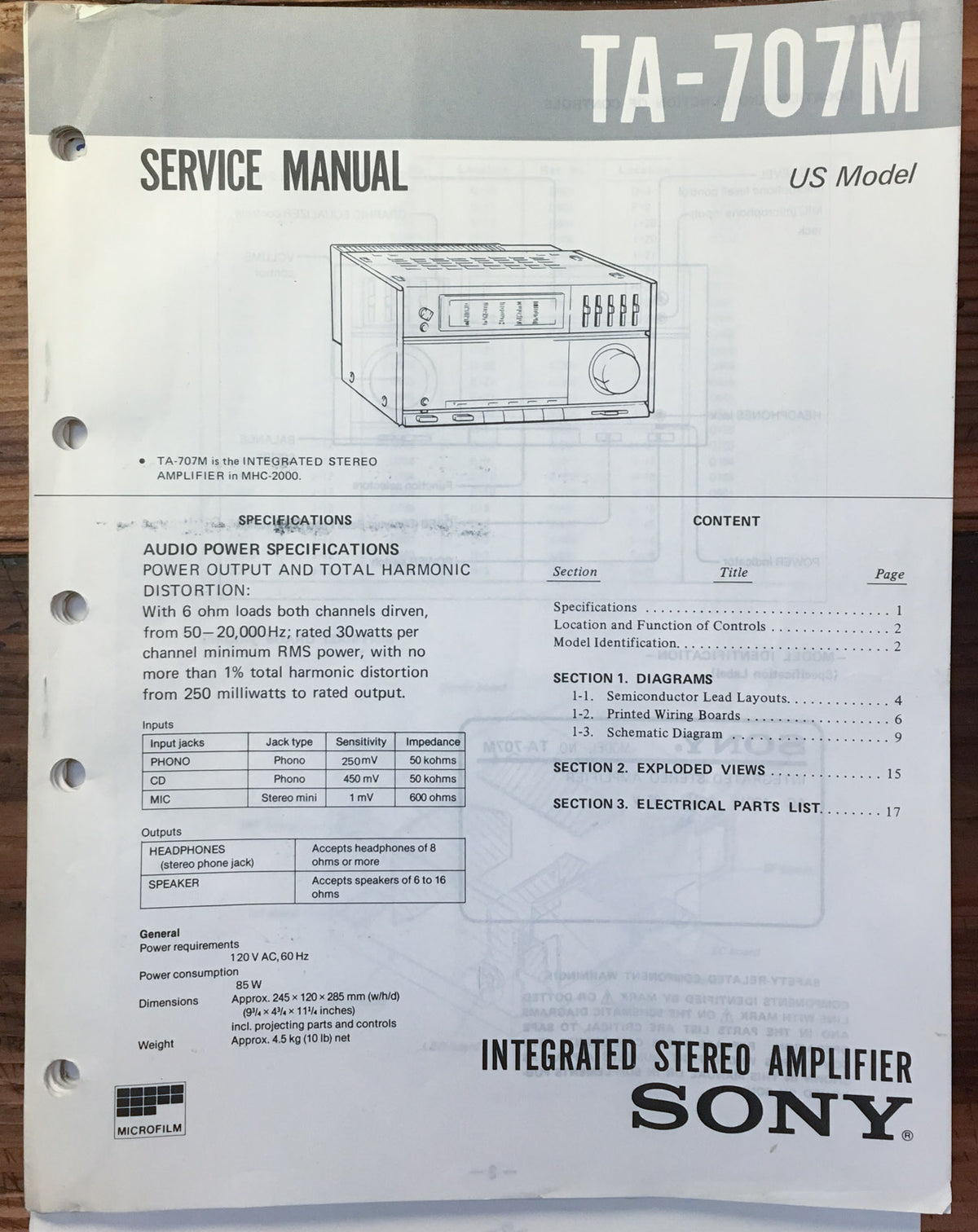 Sony TA-707M Amplifier  Service Manual *Original*