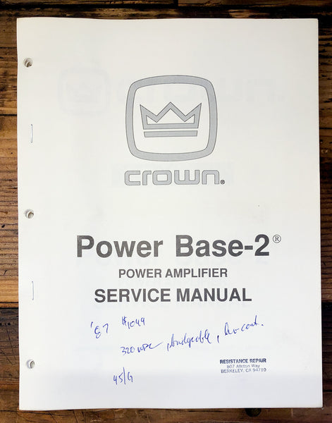 Crown Power Base 2 Amplifier  Service Manual *Original*