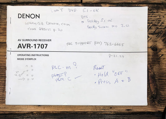 Denon AVR-1707 Receiver  Owner / User Manual *Original*