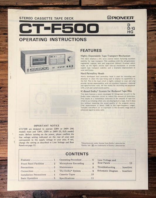 Pioneer CT-F500 Cassette Deck Owners / User Manual *Original*