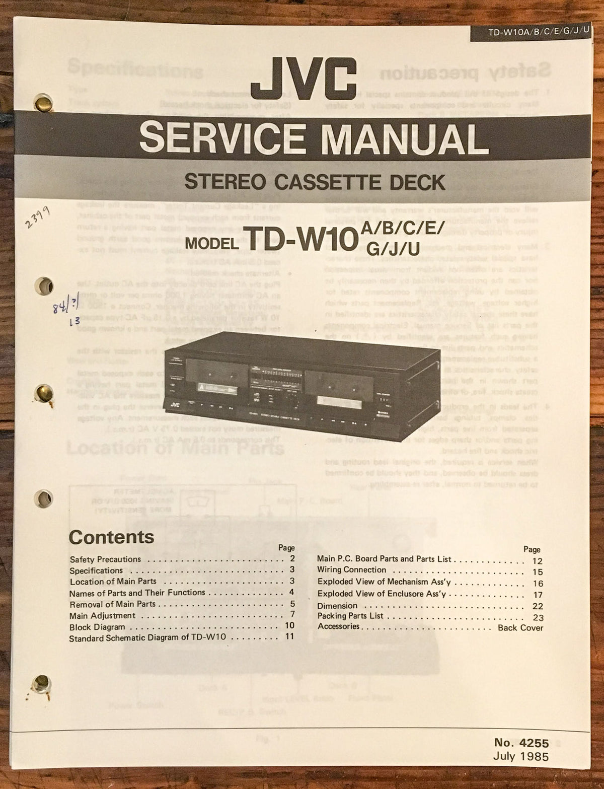 JVC TD-W10 Cassette Deck  Service Manual *Original*