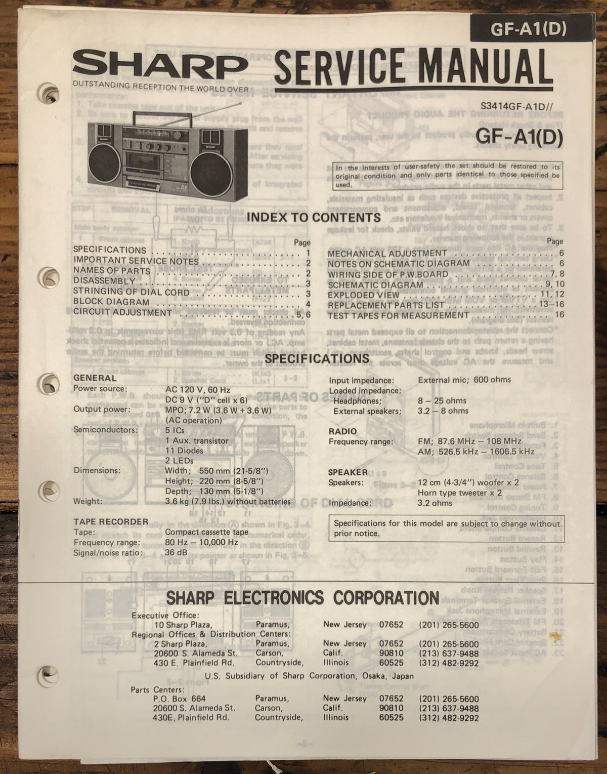 Sharp GF-A1 Boombox / Stereo  Service Manual *Original*