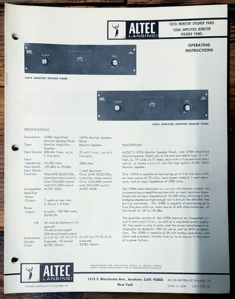 Altec Model 1597A 1598A Panel / Monitor  Owners Manual & Schematic *Orig*