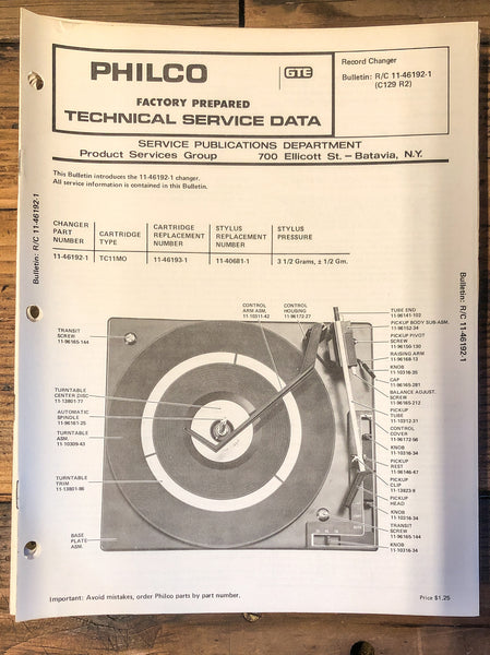 Philco Model C129 R2 Record Changer  Service Manual *Original*