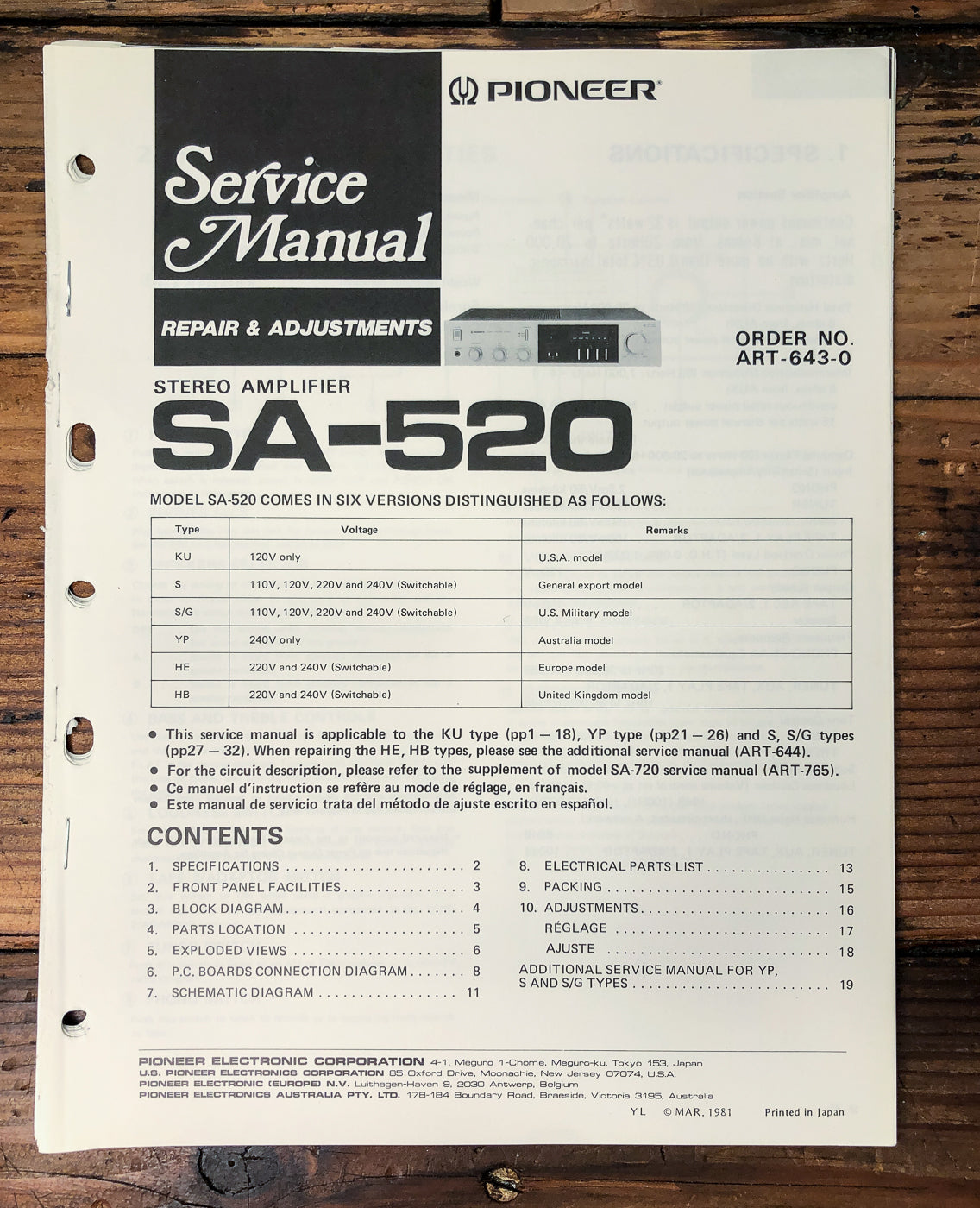 Pioneer SA-520 Amplifier Service Manual *Original*