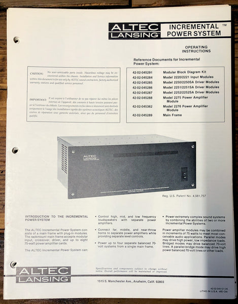 Altec Model 2275 2276 Amplifier  Owners Manual & Schematic *Orig*