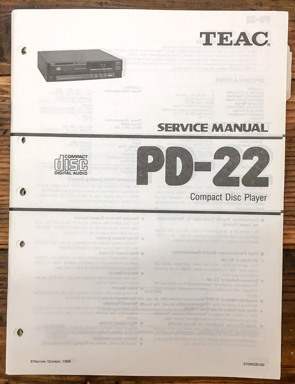 Teac PD-22 CD Player  Service Manual *Original*