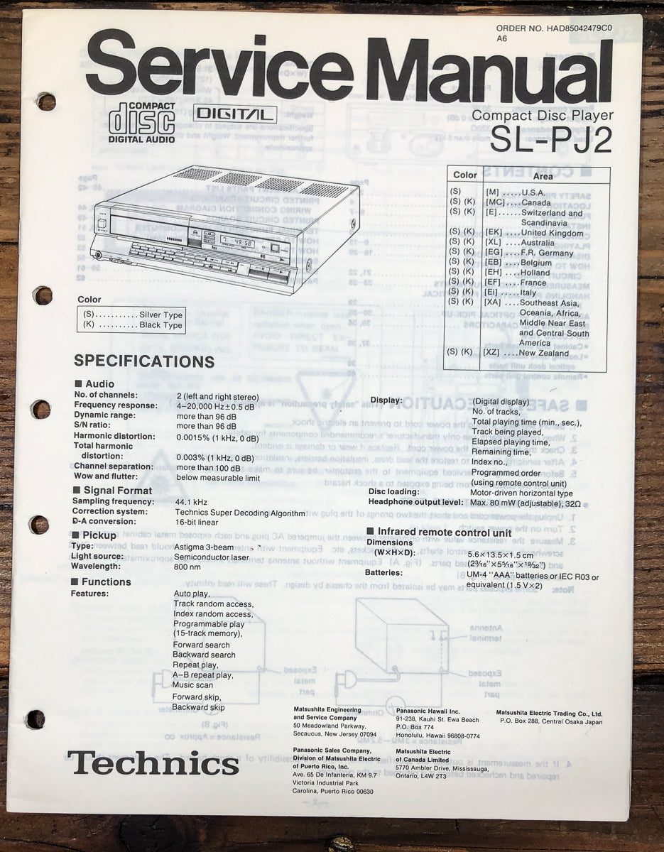 Technics SL-PJ2 CD Player Service Manual *Original*