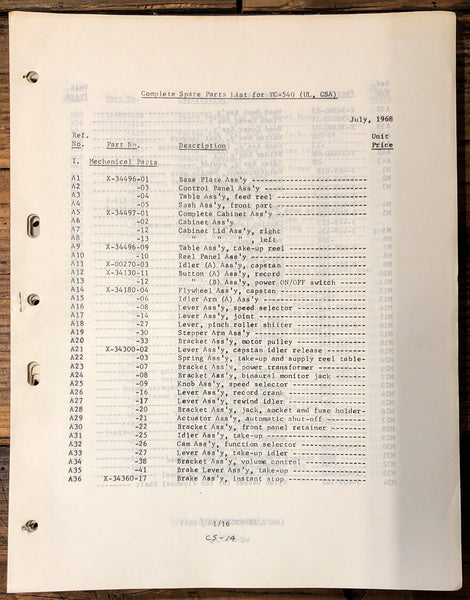 Sony TC-540 Tape Recorder Parts List Manual   *Original*