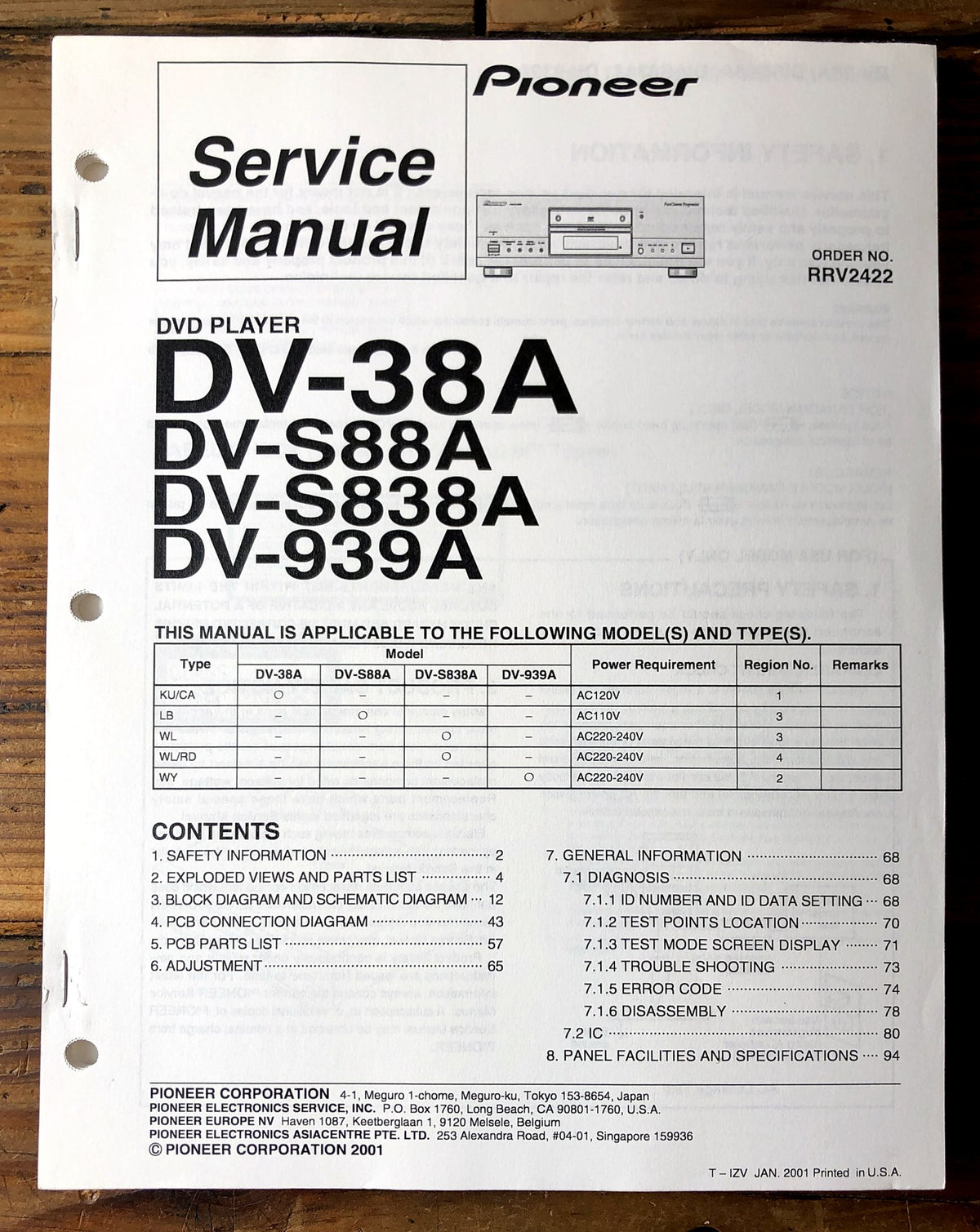 Pioneer DV-38A DV-S88A DV-S838A DV-939A DVD Player Service Manual *Original*