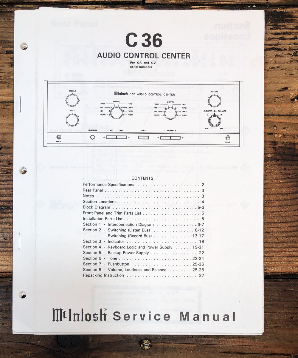 McIntosh C-36 Preamp / Preamplifier Service Manual *Original*