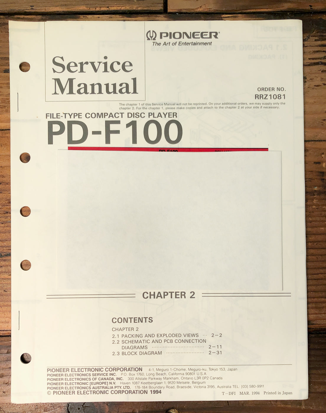 Pioneer PD-F100 File-Type CD Player Service Manual *Original*