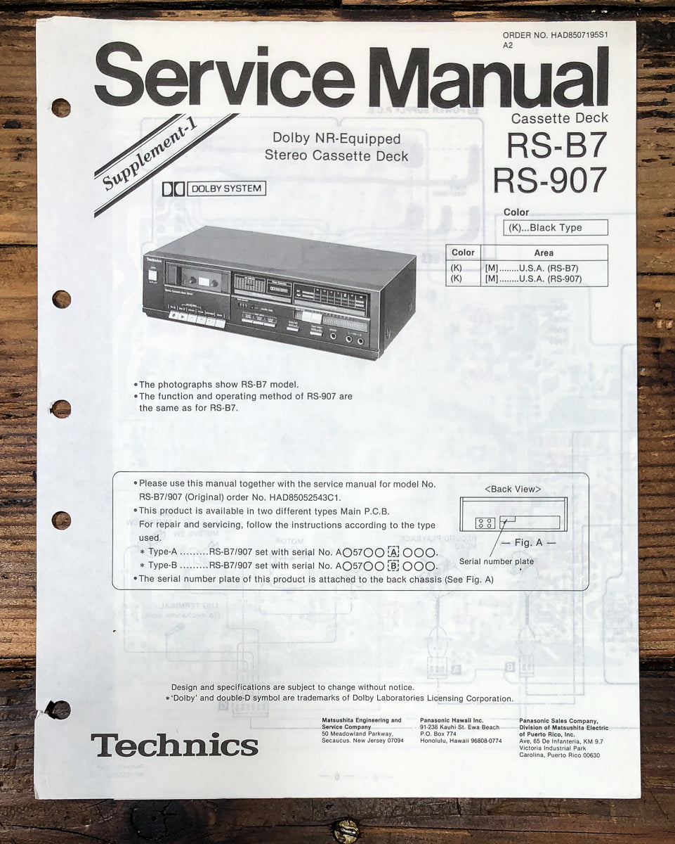 Technics RS- B7 RS-907 Cassette Supp. Service Manual *Original*