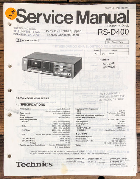 Technics RS-D400 Cassette  Service Manual *Original*