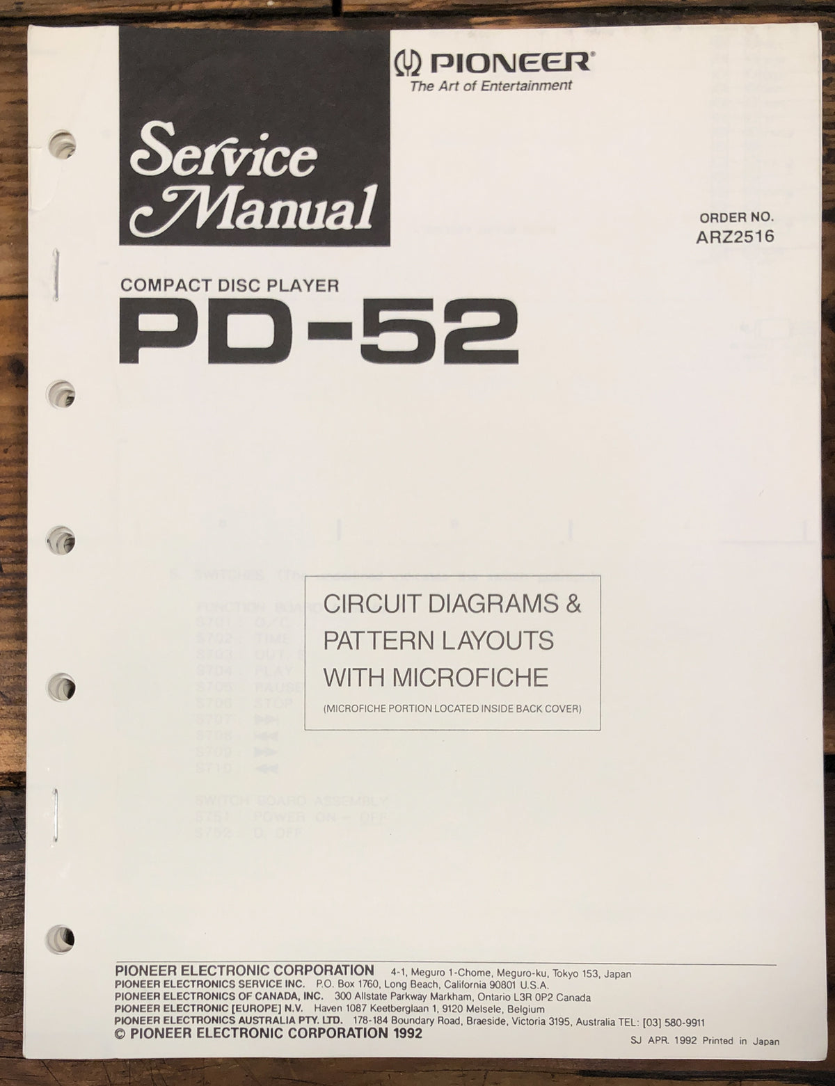 Pioneer PD-52 CD Player  Service Manual *Original*