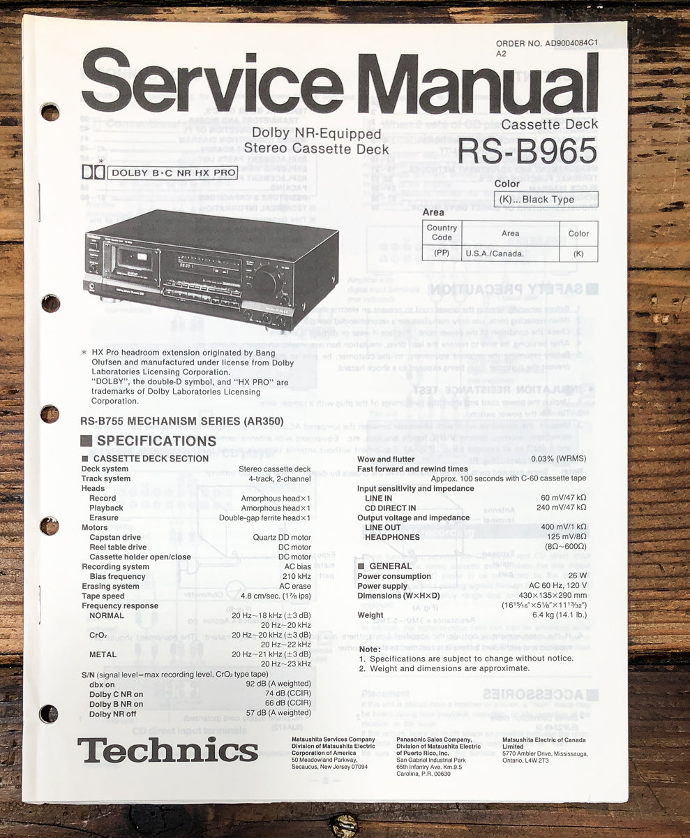 Technics RS-B965 Cassette Service Manual *Original*
