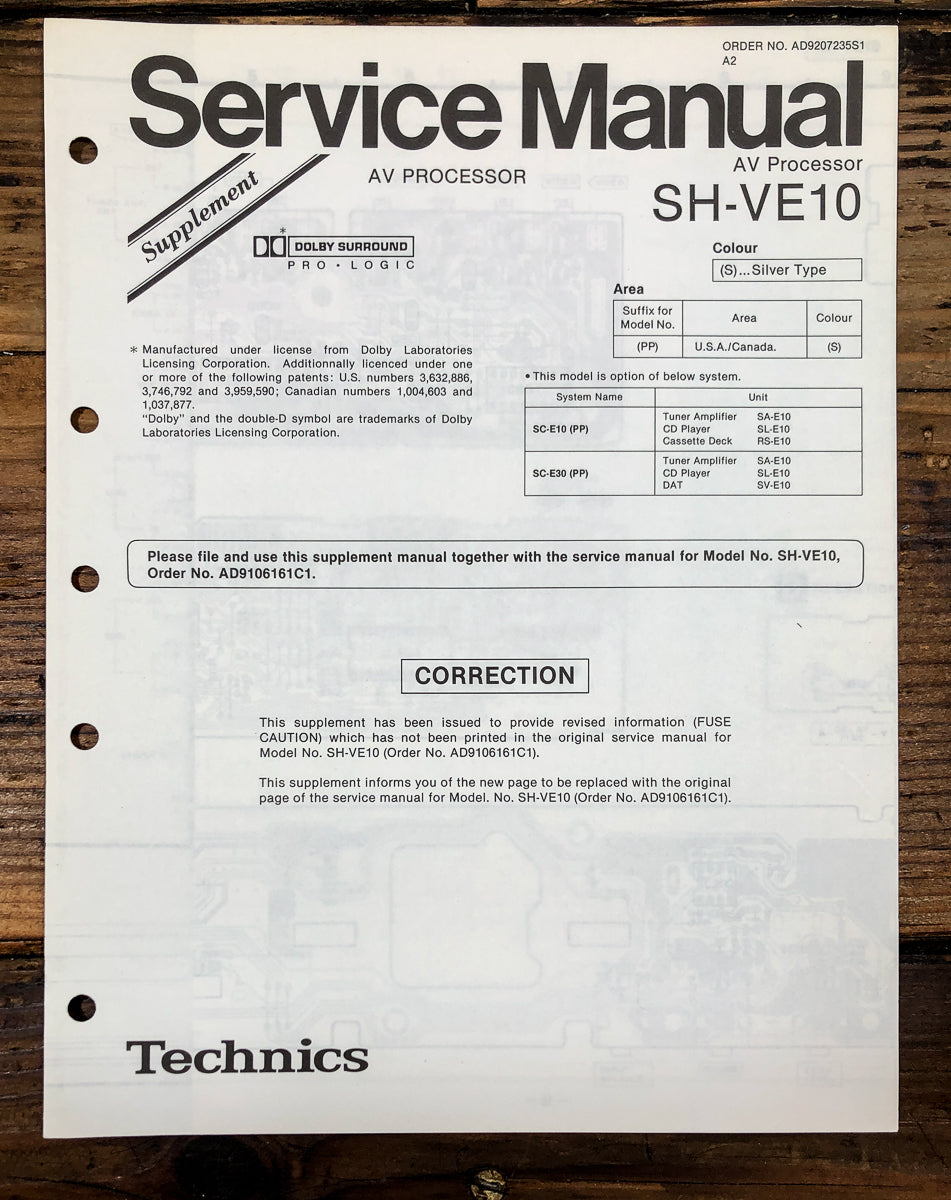 Technics SH-VE10 AV Processor Supp. Service Manual *Original*