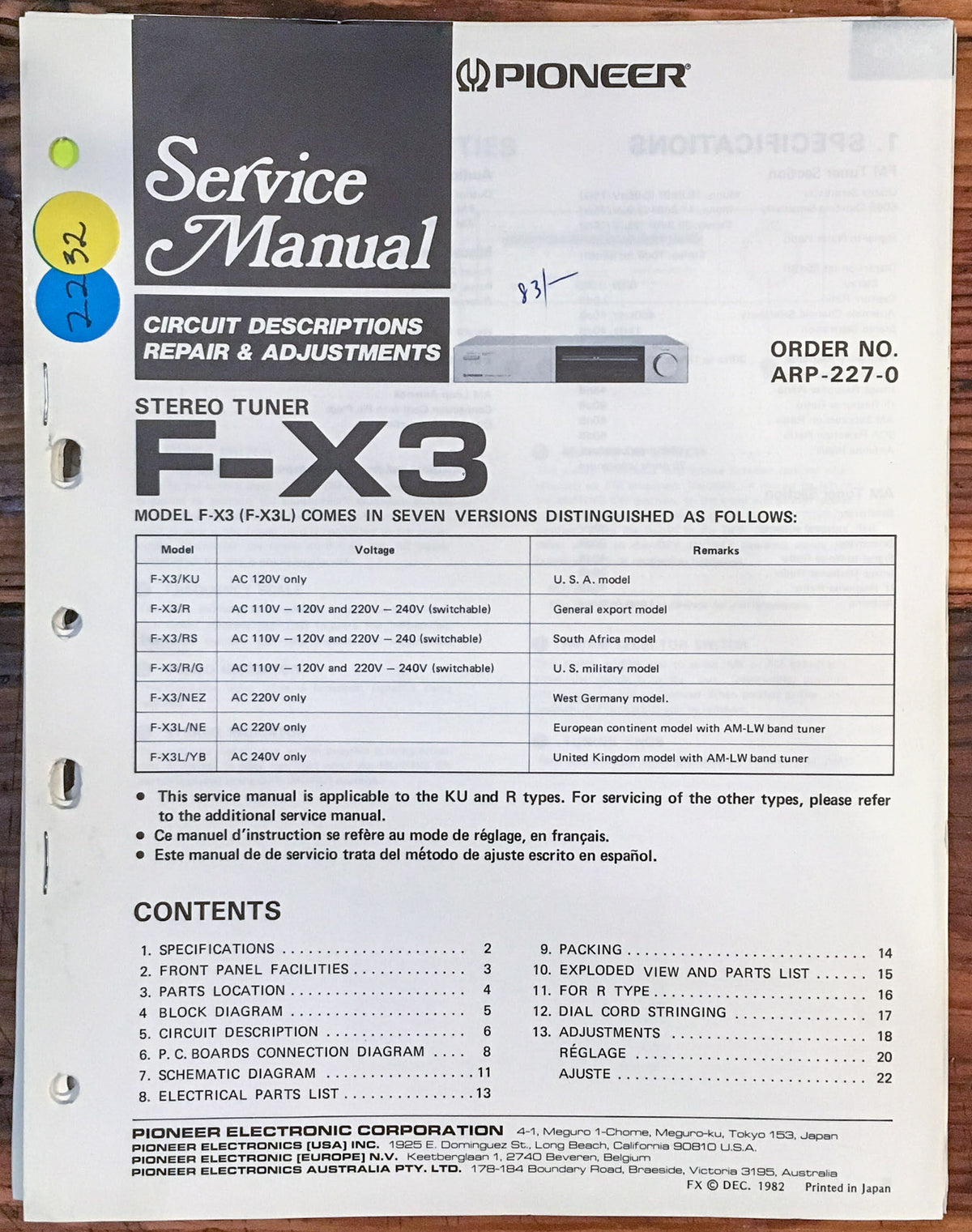 Pioneer F-X3 Tuner  Service Manual *Original*