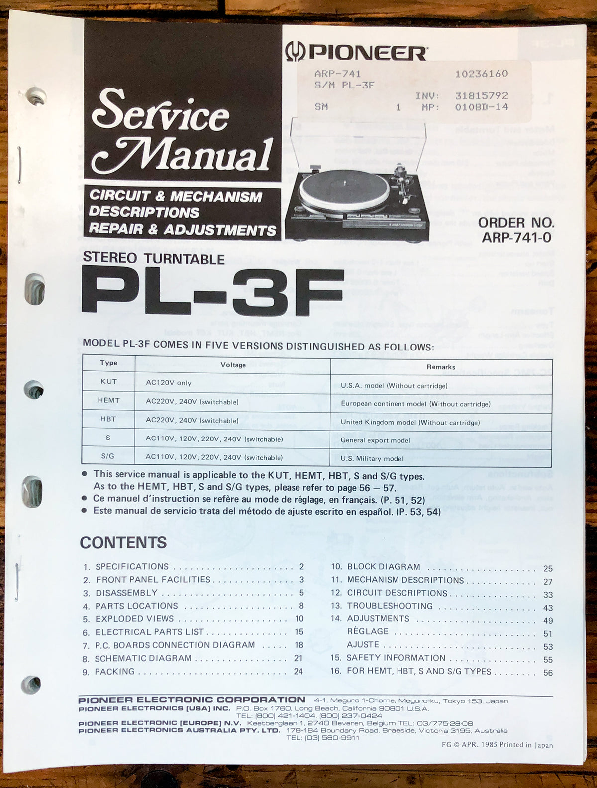 Pioneer PL-3F Record Player / Turntable  Service Manual *Original*