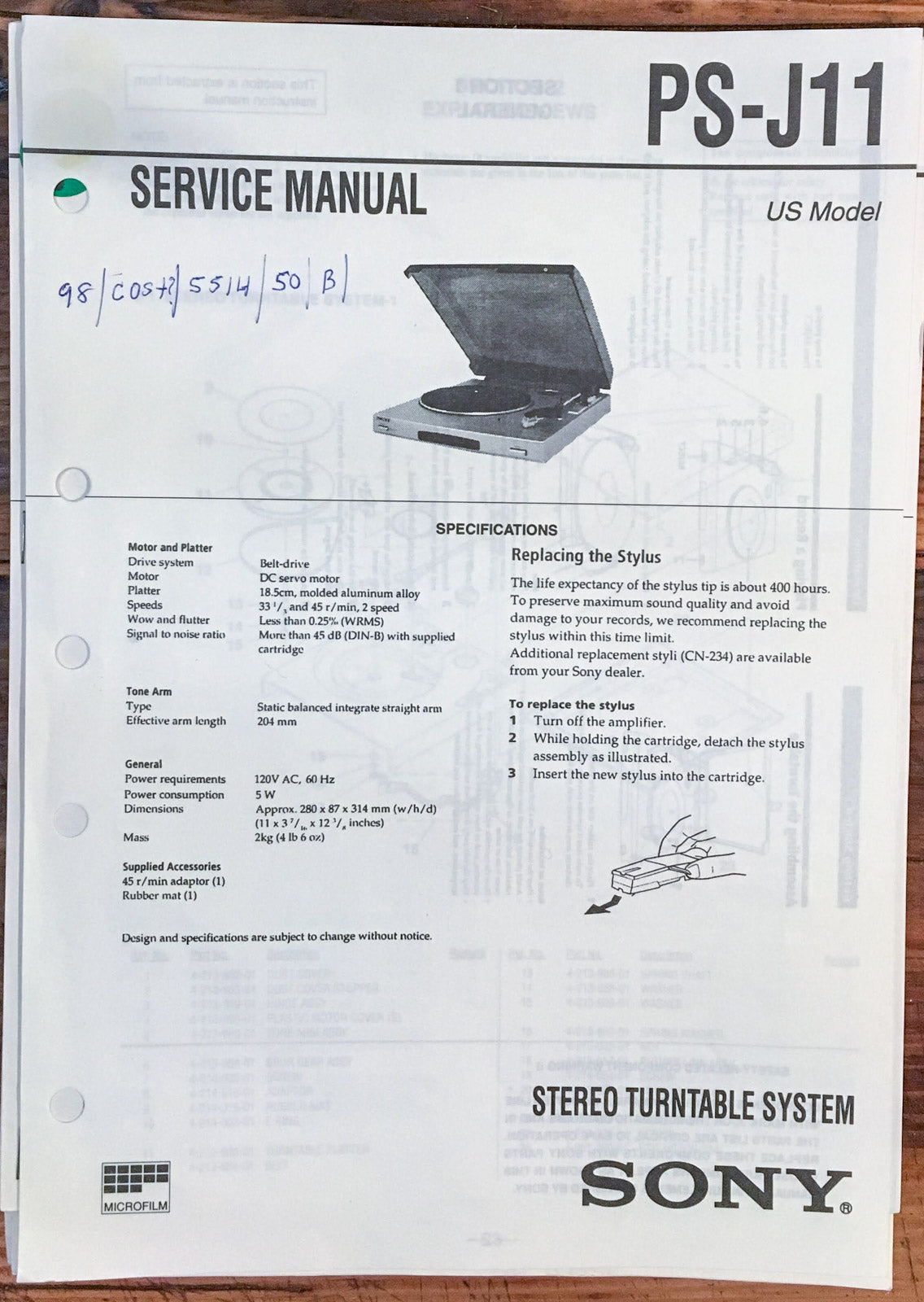 Sony PS-J11 Record Player / Turntable  Service Manual *Original*
