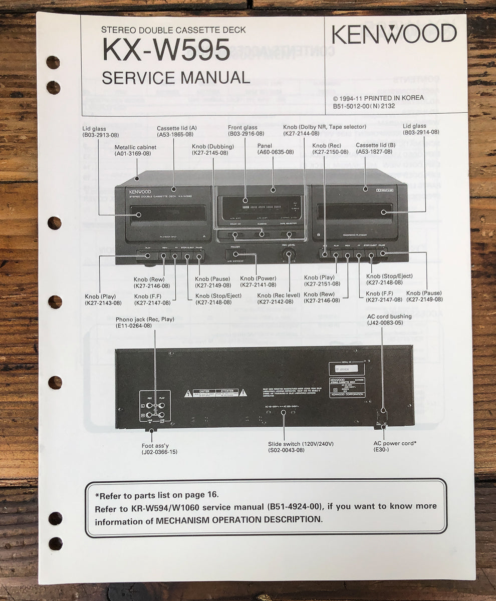 Kenwood KX-W595 Cassette Service Manual *Original*