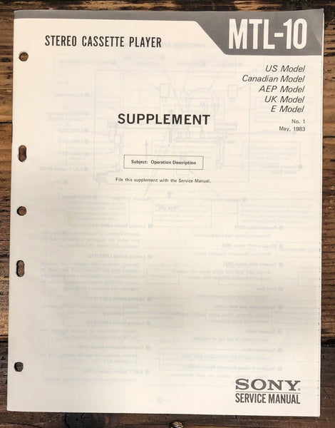 Sony MTL-10  Supp. Service Manual *Original*