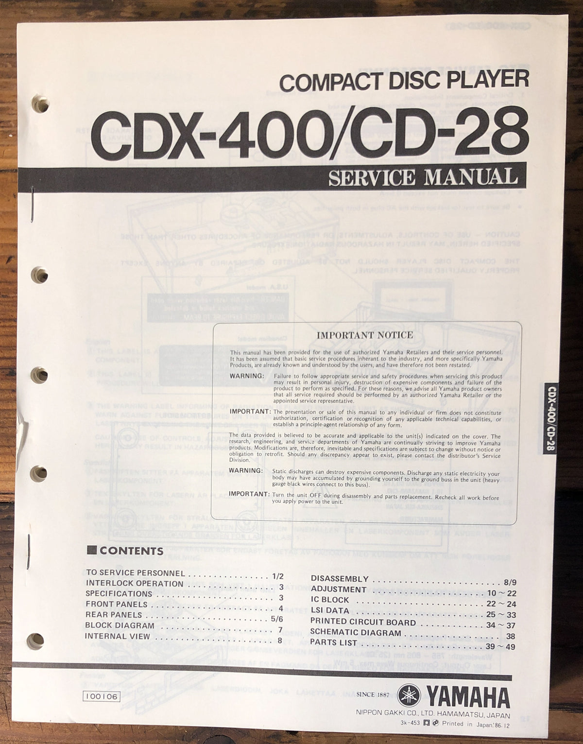 Yamaha CDX-400 CD-28 CD Player  Service Manual *Original*